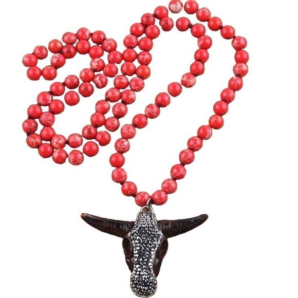 Brand New Womens Boho Western Cow Skull Long Knotted Red Stone Beaded Necklace - Picture 2 of 7